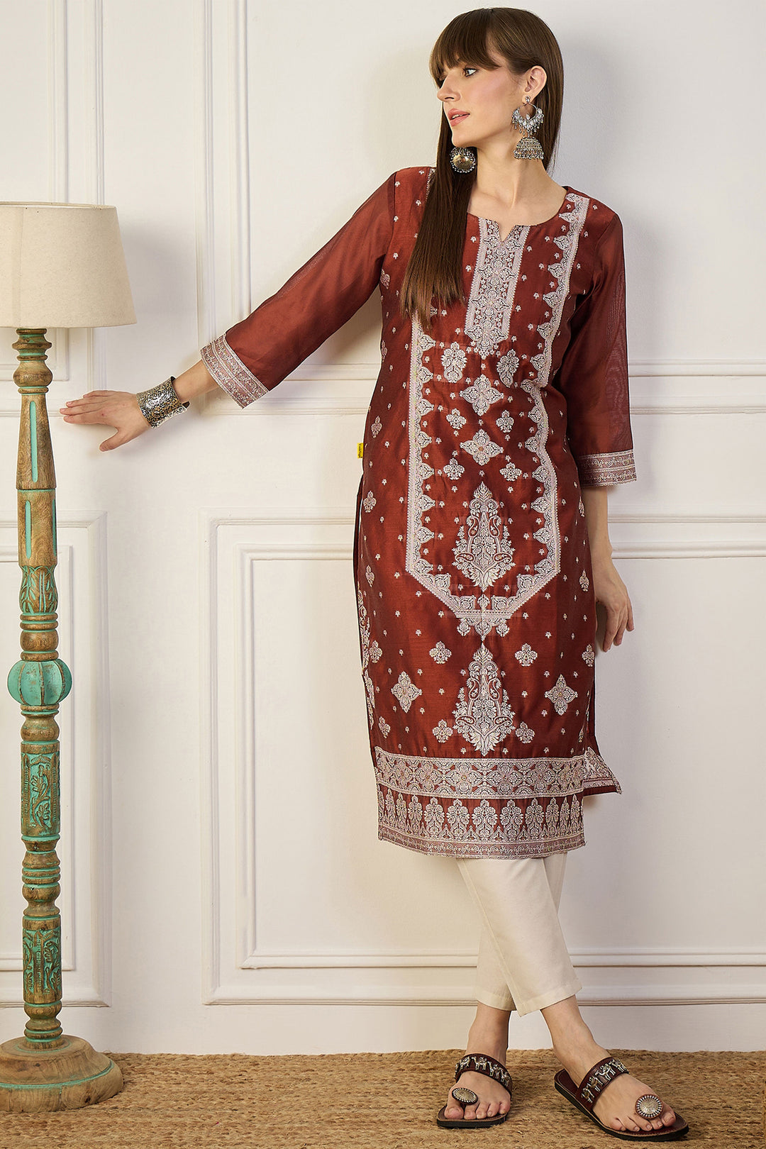 Amazing Rust Color Art Silk Fabric Weaving Print Kurti | Buy Online India