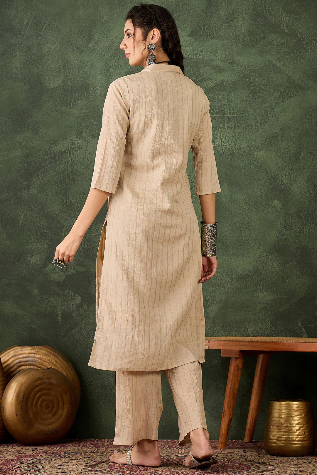 Attractive Cotton Silk Fabric Readymade Kurti With Bottom In Cream Color | Buy Online India