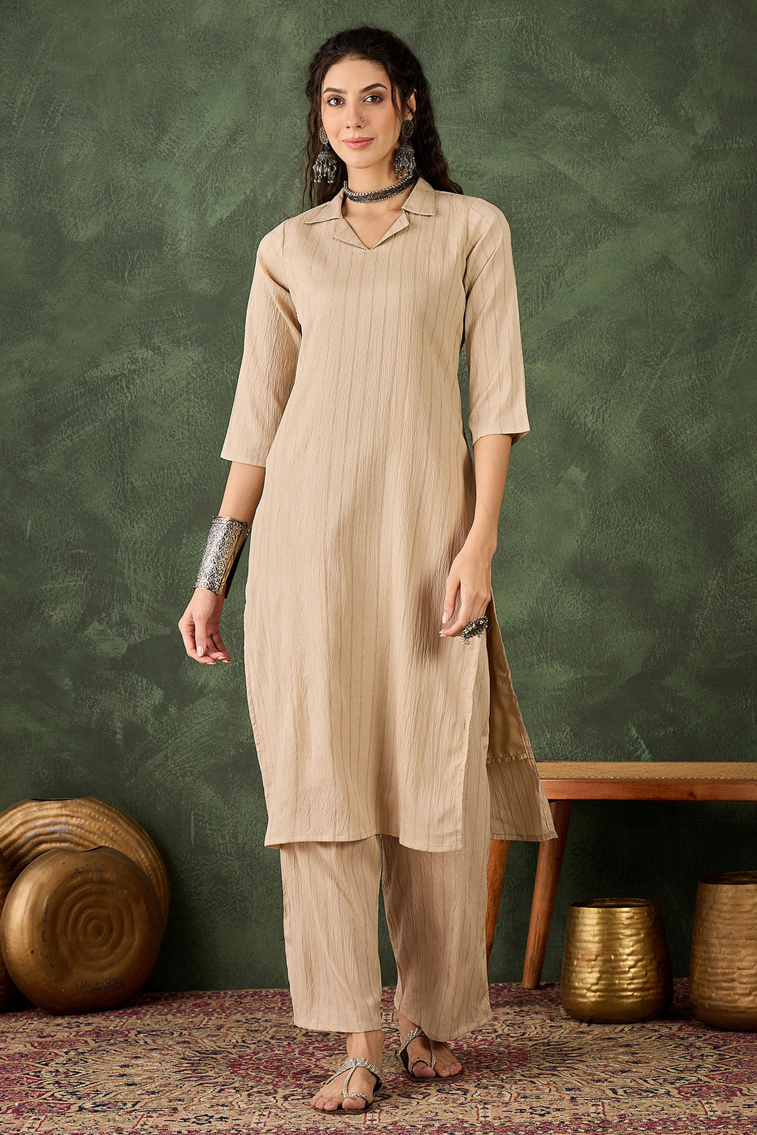 Attractive Cotton Silk Fabric Readymade Kurti With Bottom In Cream Color | Buy Online India