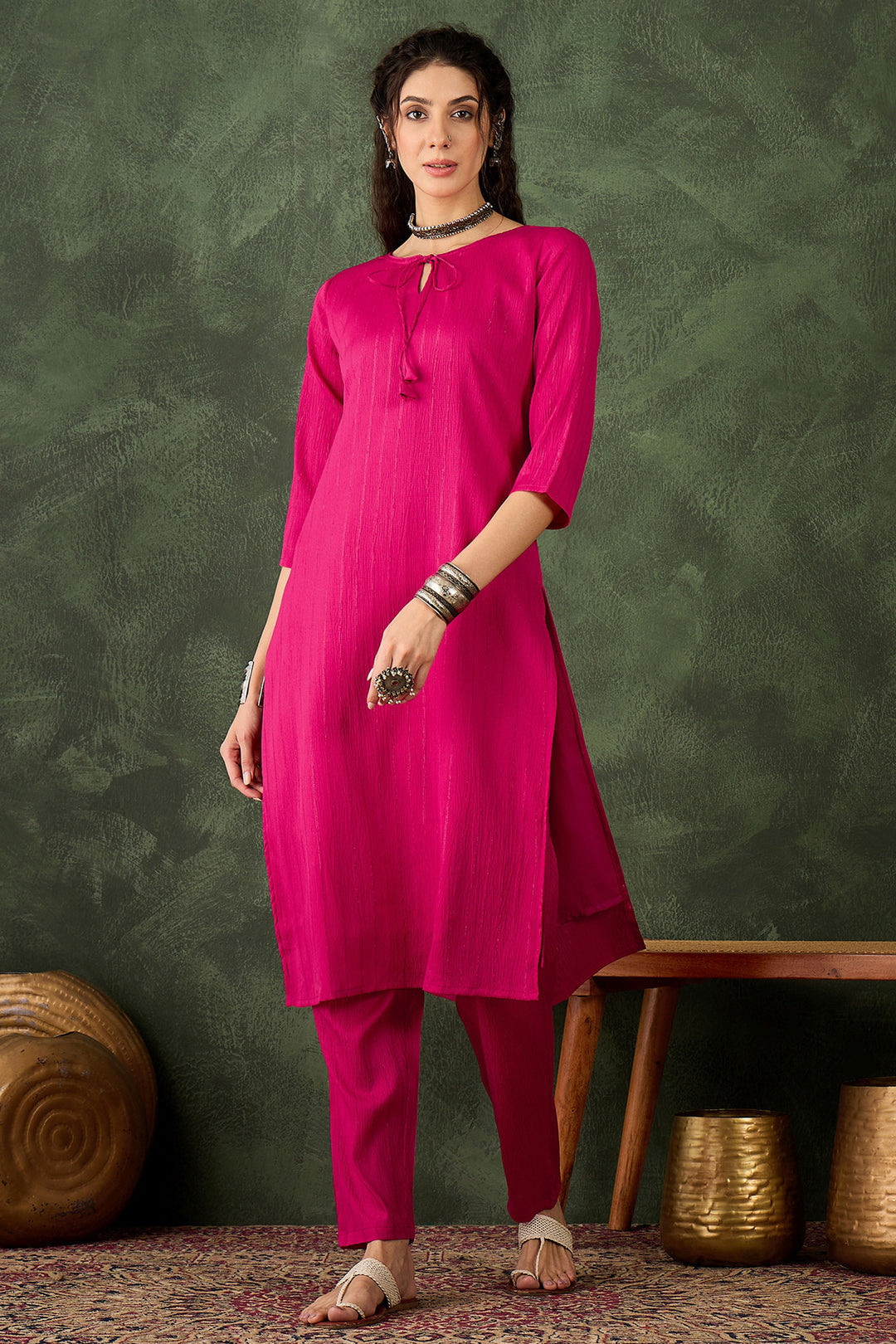 Amazing Cotton Silk Fabric Rani Color Readymade Kurti With Bottom | Buy Online India