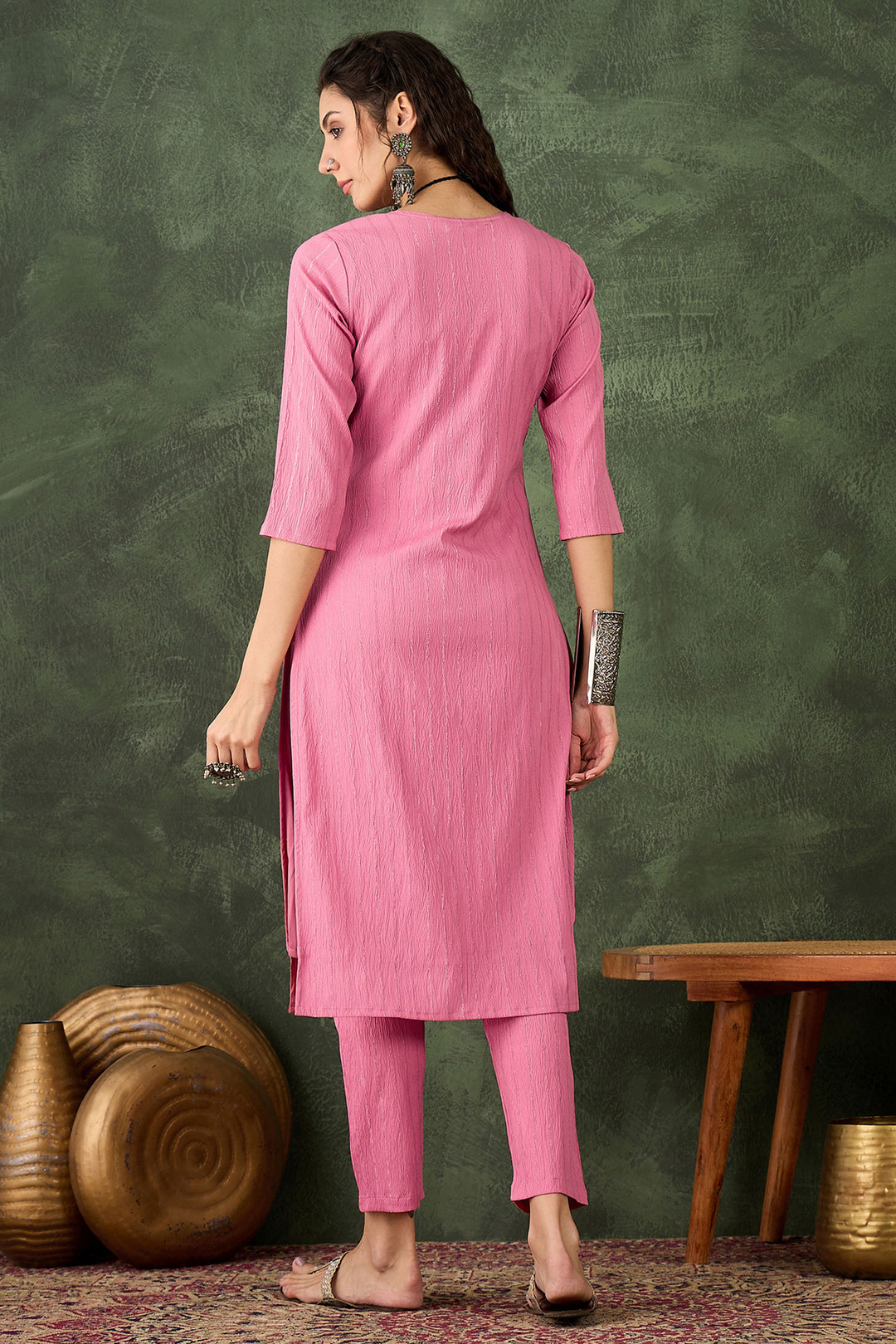 Engaging Pink Color Cotton Silk Fabric Readymade Kurti With Bottom | Buy Online India