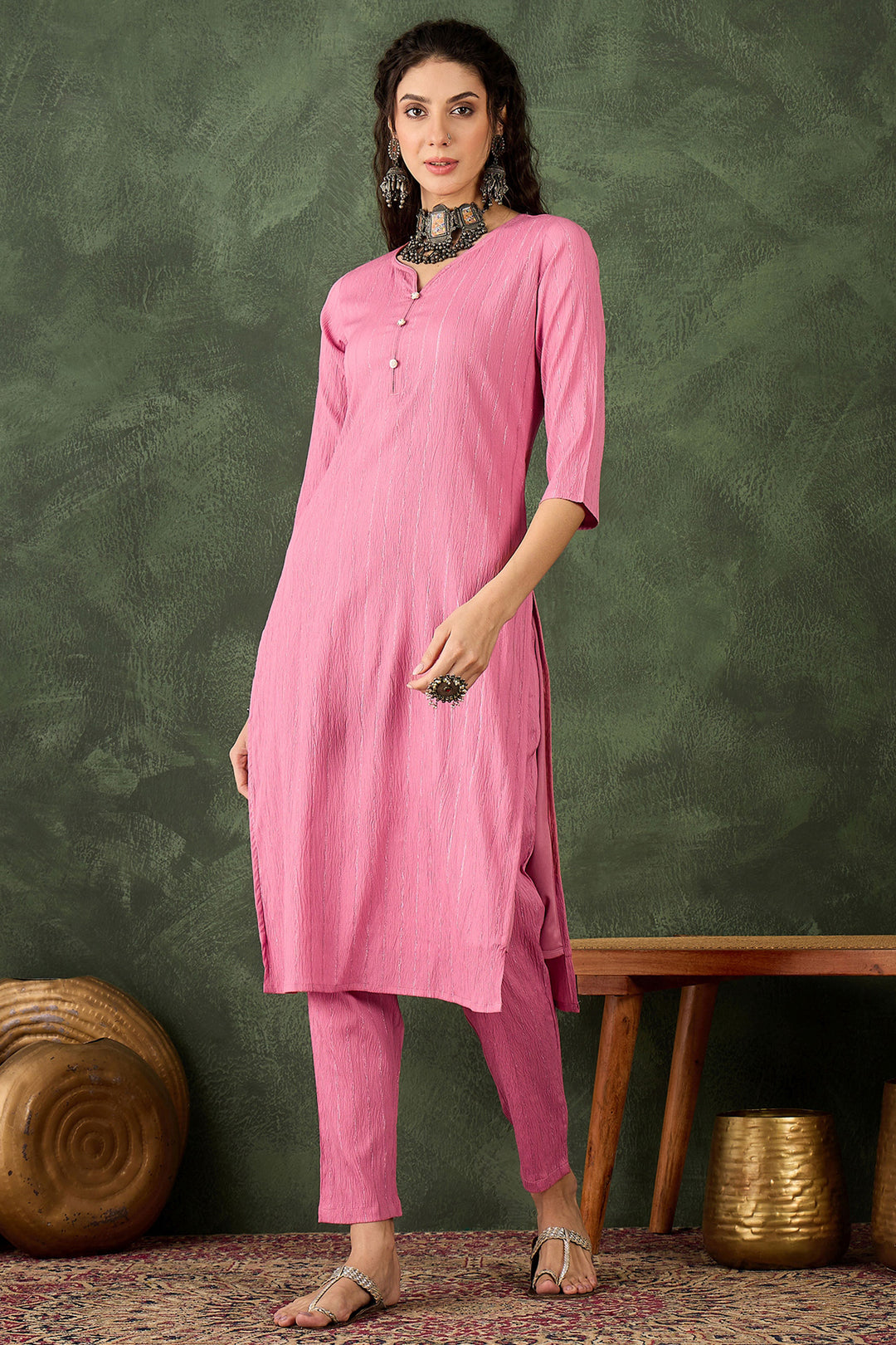 Engaging Pink Color Cotton Silk Fabric Readymade Kurti With Bottom | Buy Online India
