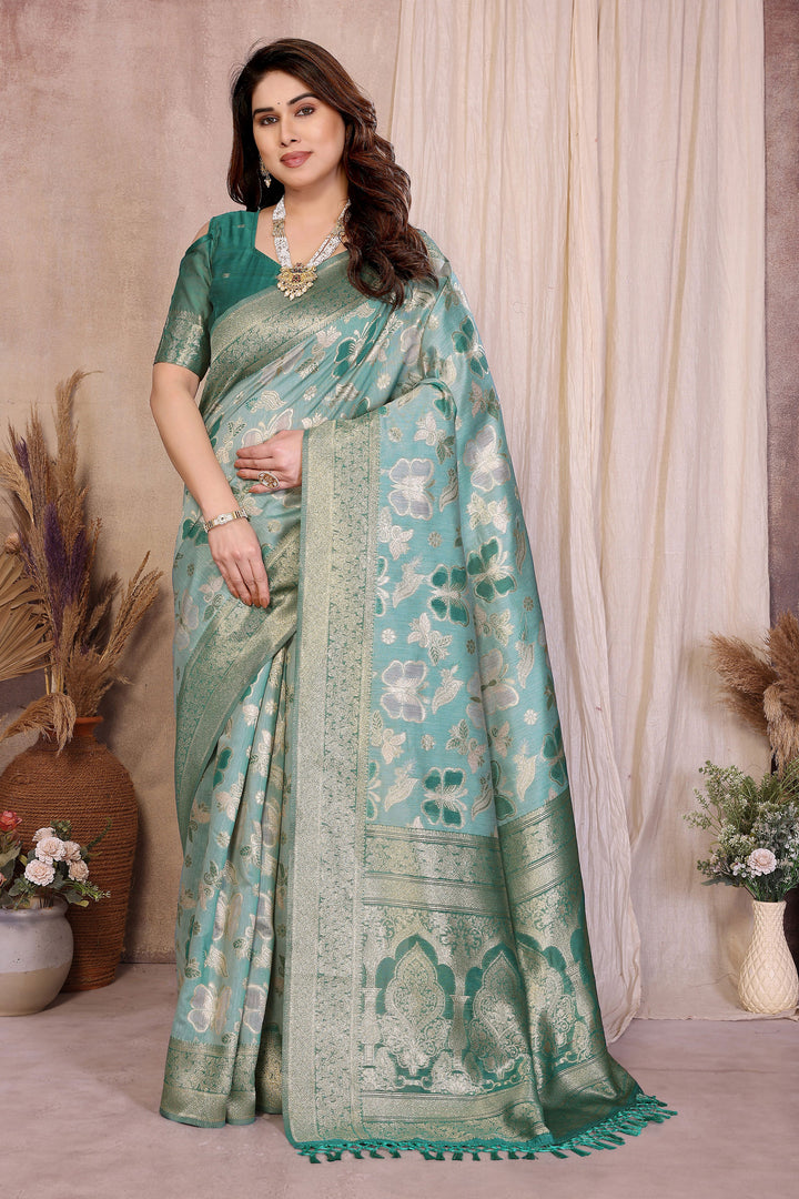 Blazing Light Cyan Color Weaving Work Cotton Saree