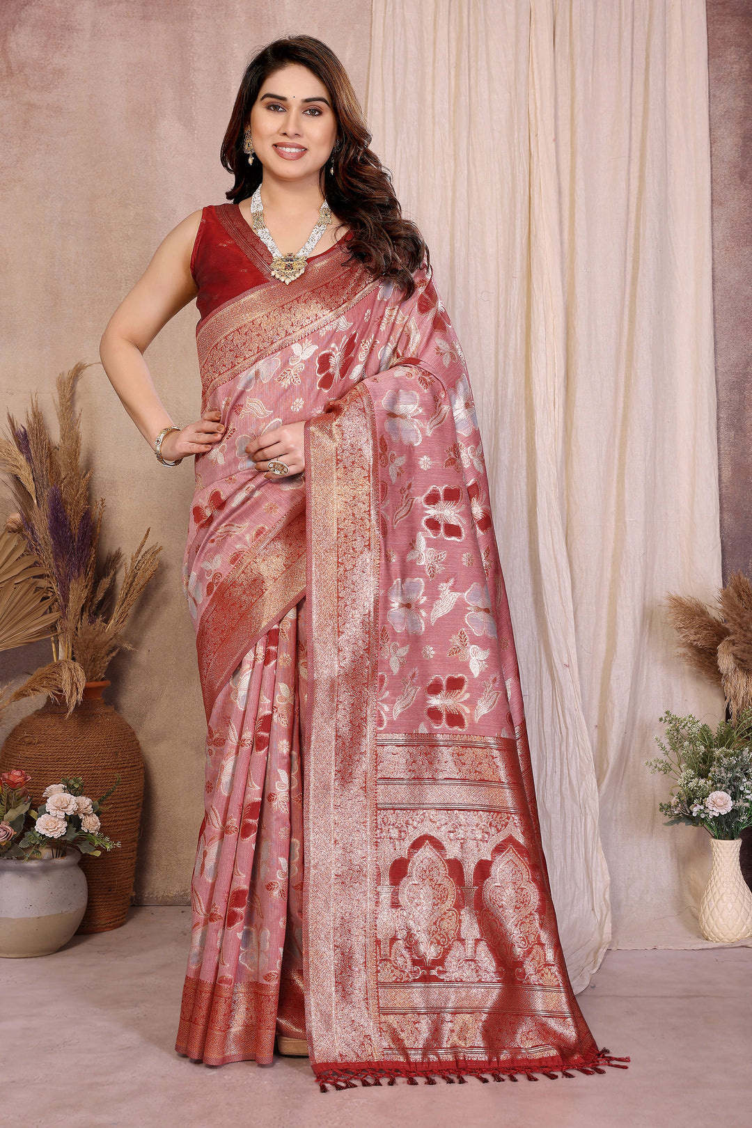 Peach Color Weaving Work Glamorous Cotton Saree | Buy Online India