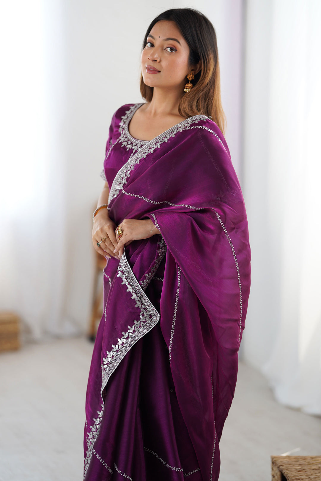 Sequins Work On Captivating Art Silk Fabric Saree In Purple Color | Buy Online India