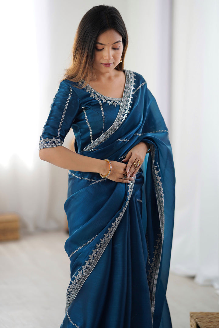 Sequins Work On Awesome Art Silk Fabric Saree In Teal Color | Buy Online India