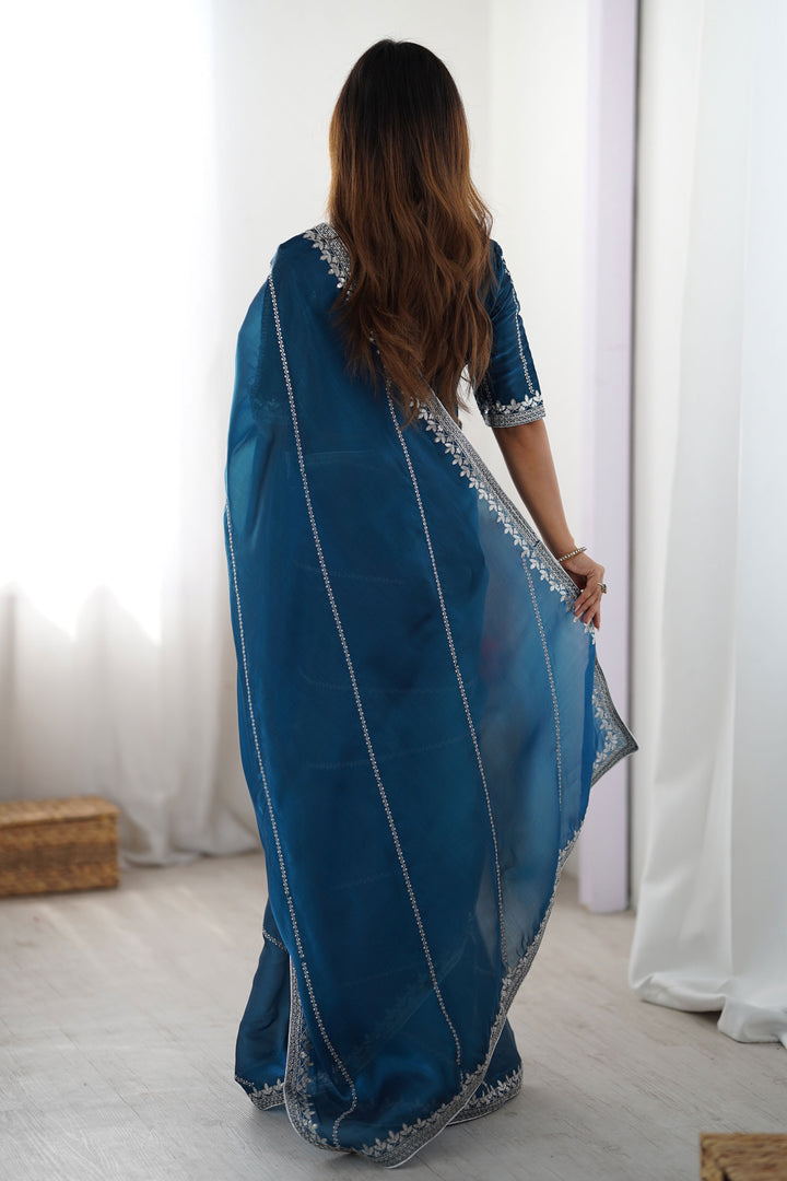 Sequins Work On Awesome Art Silk Fabric Saree In Teal Color | Buy Online India