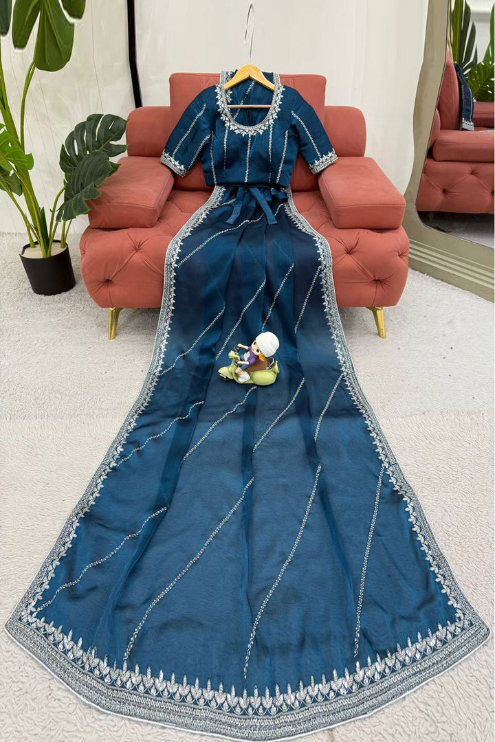 Sequins Work On Awesome Art Silk Fabric Saree In Teal Color | Buy Online India