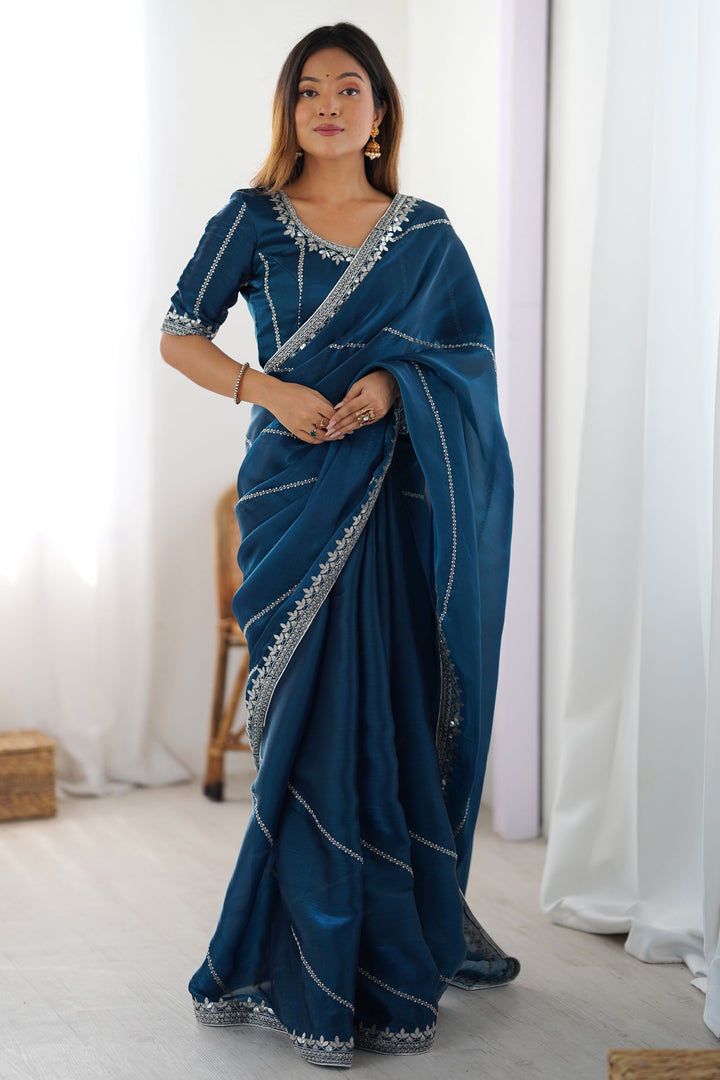 Sequins Work On Awesome Art Silk Fabric Saree In Teal Color | Buy Online India