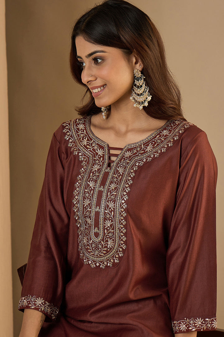 Awesome Art Silk Fabric Brown Color Readymade Kurti | Buy Online India