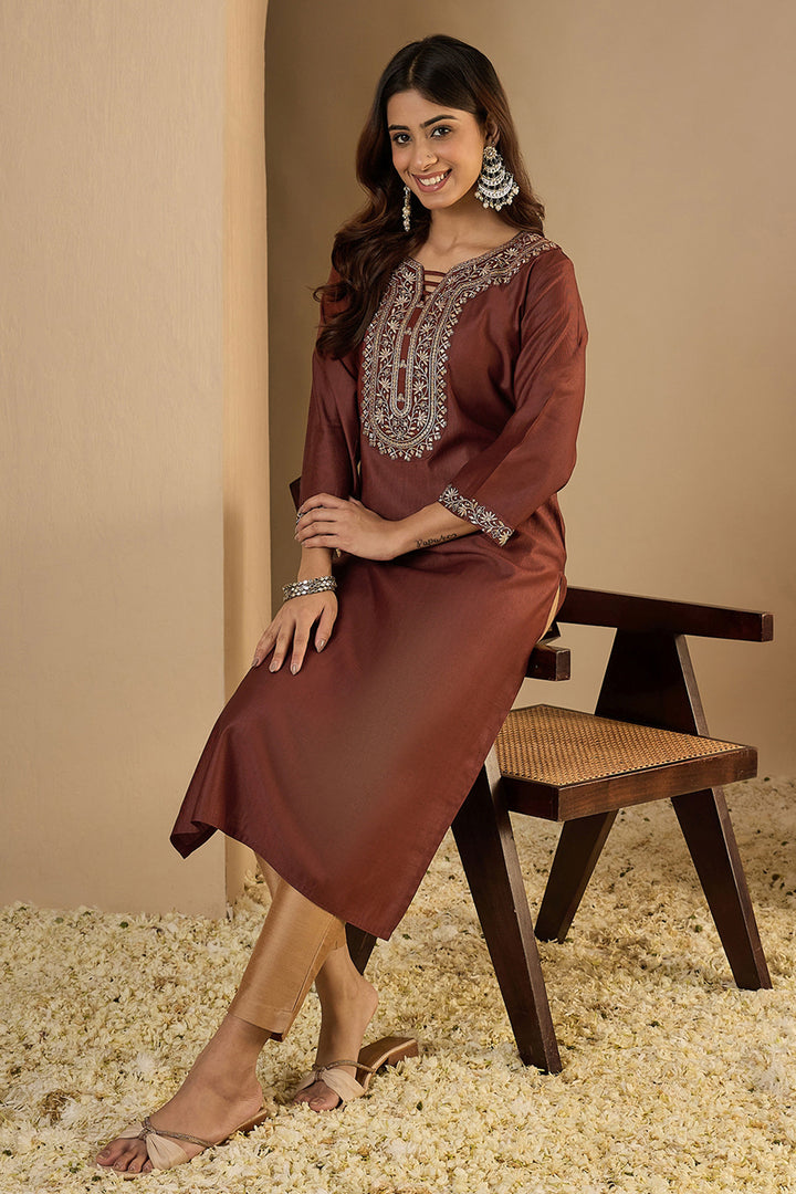 Awesome Art Silk Fabric Brown Color Readymade Kurti | Buy Online India