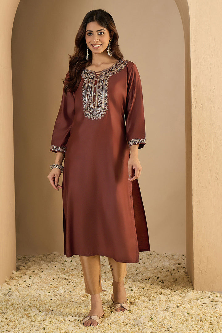 Awesome Art Silk Fabric Brown Color Readymade Kurti | Buy Online India