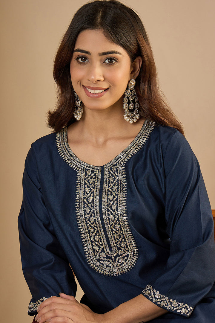 Navy Blue Color Gorgeous Readymade Kurti In Art Silk Fabric | Buy Online India