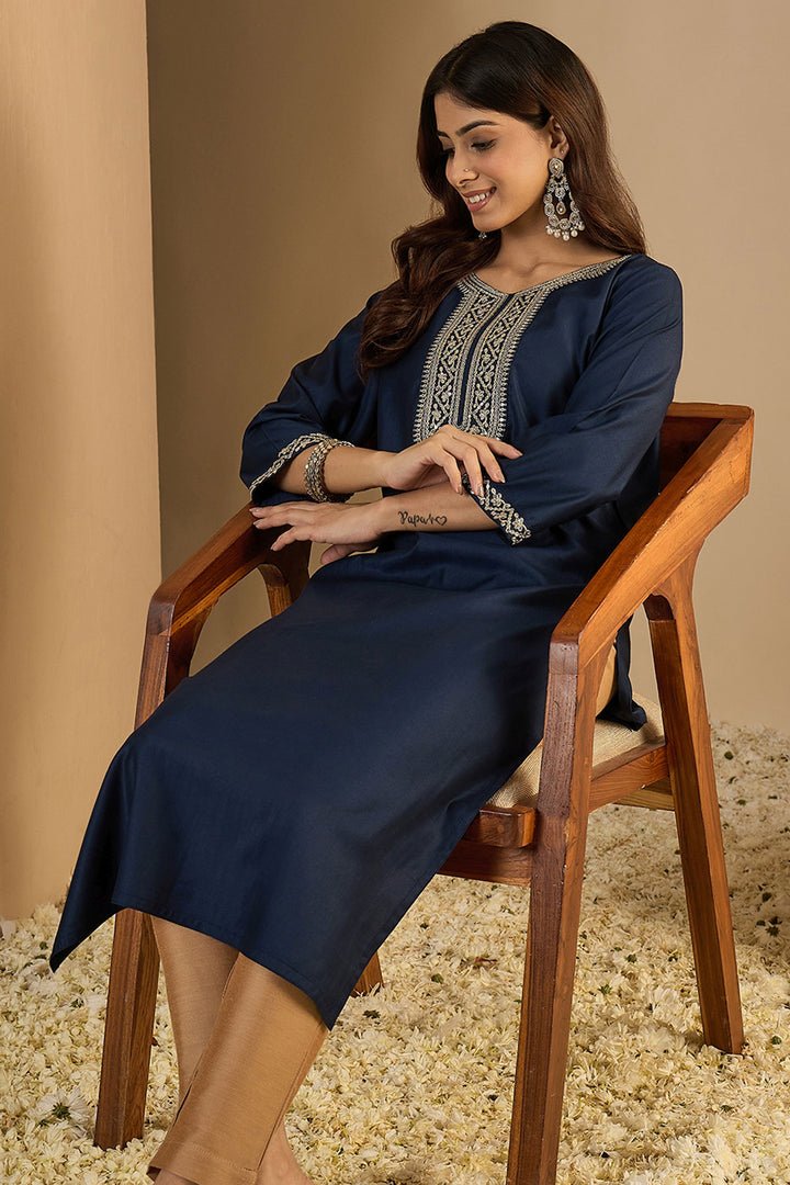 Navy Blue Color Gorgeous Readymade Kurti In Art Silk Fabric | Buy Online India