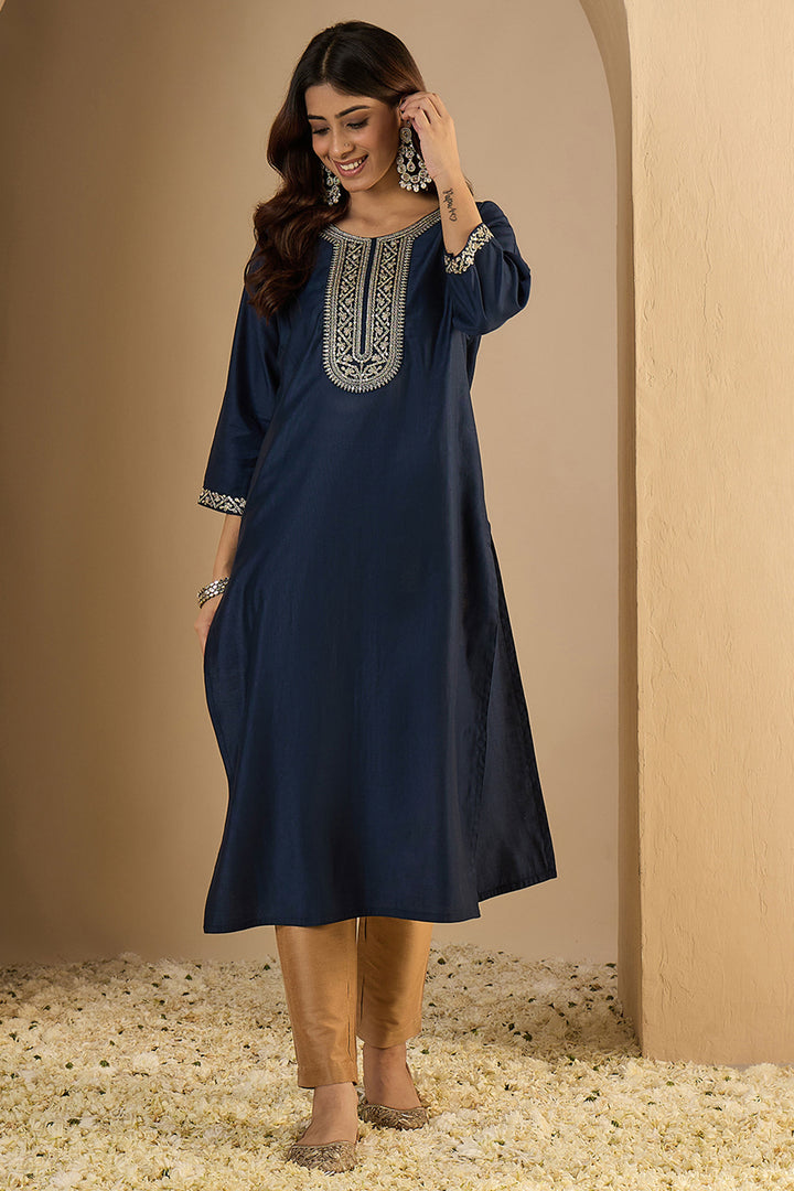 Navy Blue Color Gorgeous Readymade Kurti In Art Silk Fabric | Buy Online India