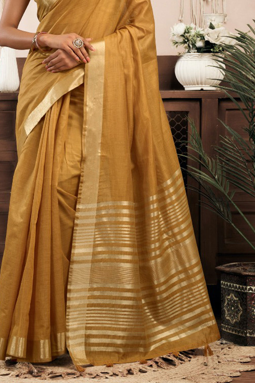 Mustard Color Glamorous Khadi Cotton Saree | Buy Online India