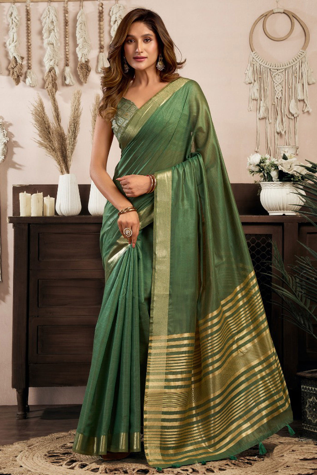 Attractive Khadi Cotton Saree Green Color | Buy Online India
