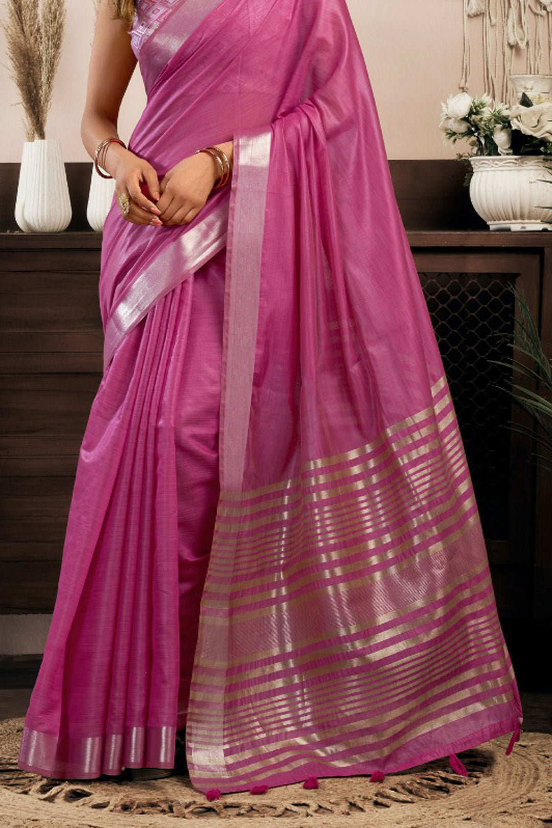 Alluring Pink Color Khadi Cotton Saree | Buy Online India