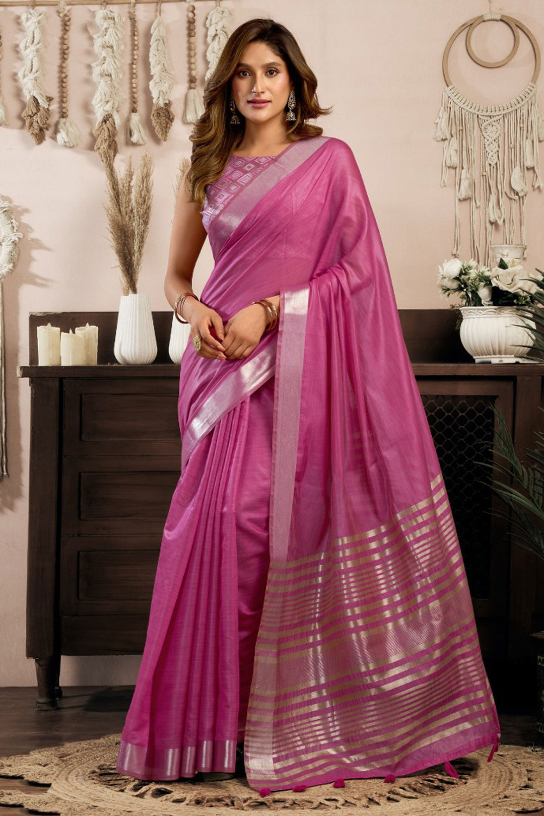Alluring Pink Color Khadi Cotton Saree | Buy Online India
