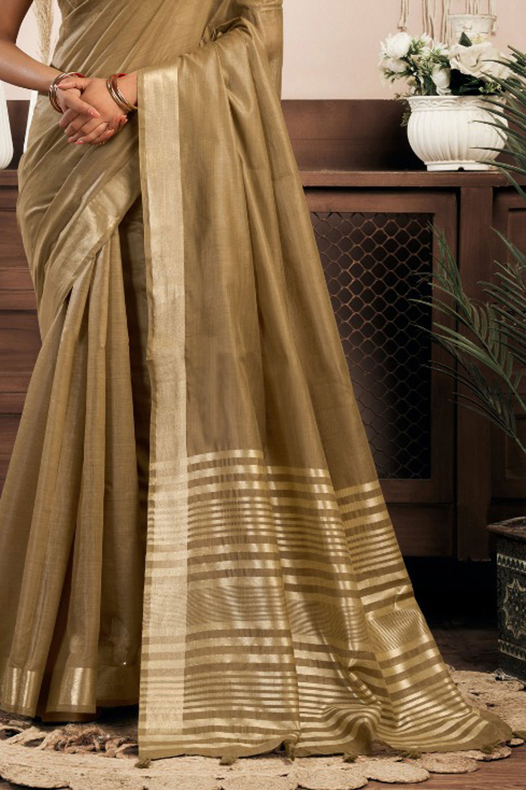 Brown Color Pleasant Khadi Cotton Saree | Buy Online India