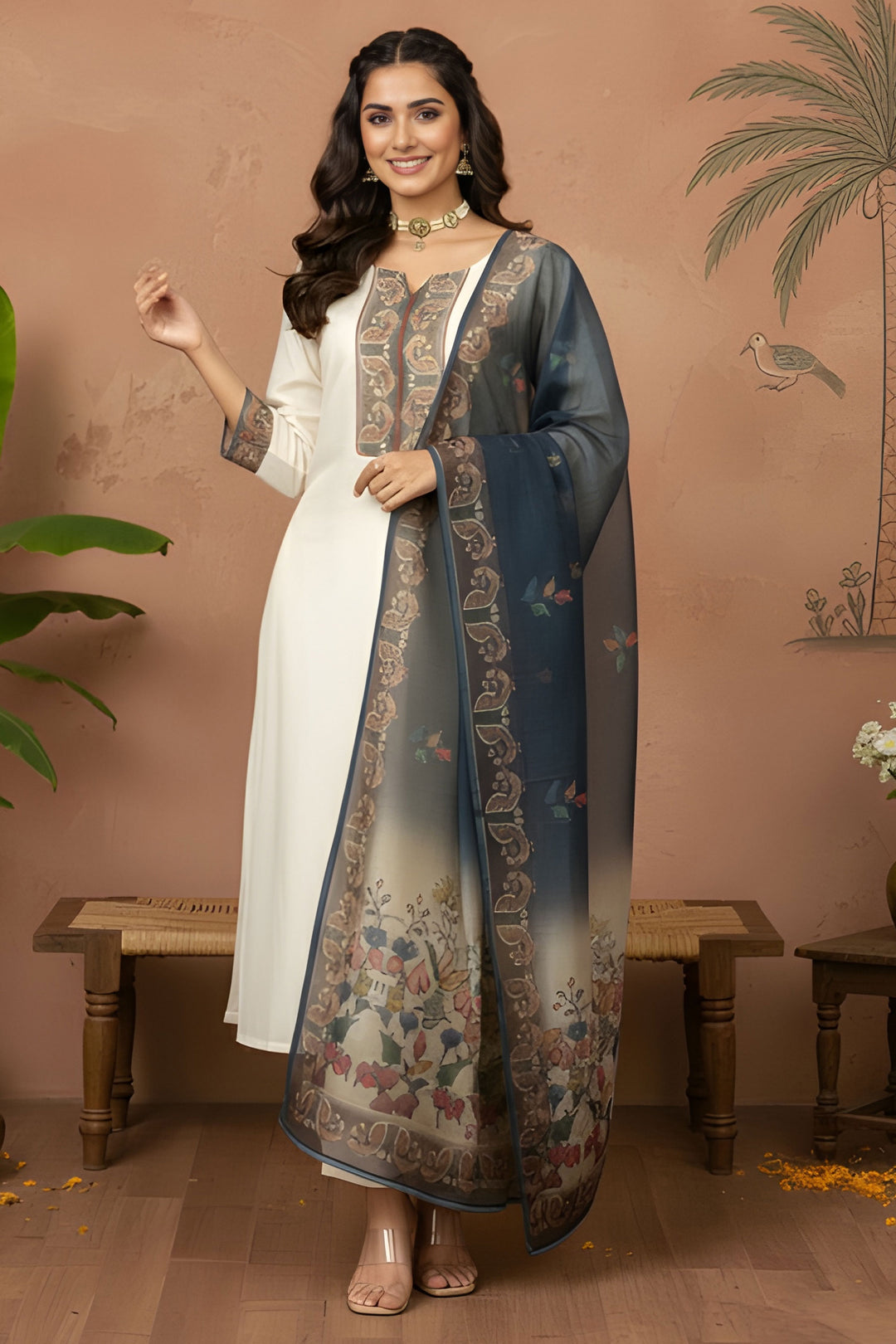 Art Silk Fabric White Color Patterned Readymade Salwar Suit | Buy Online India