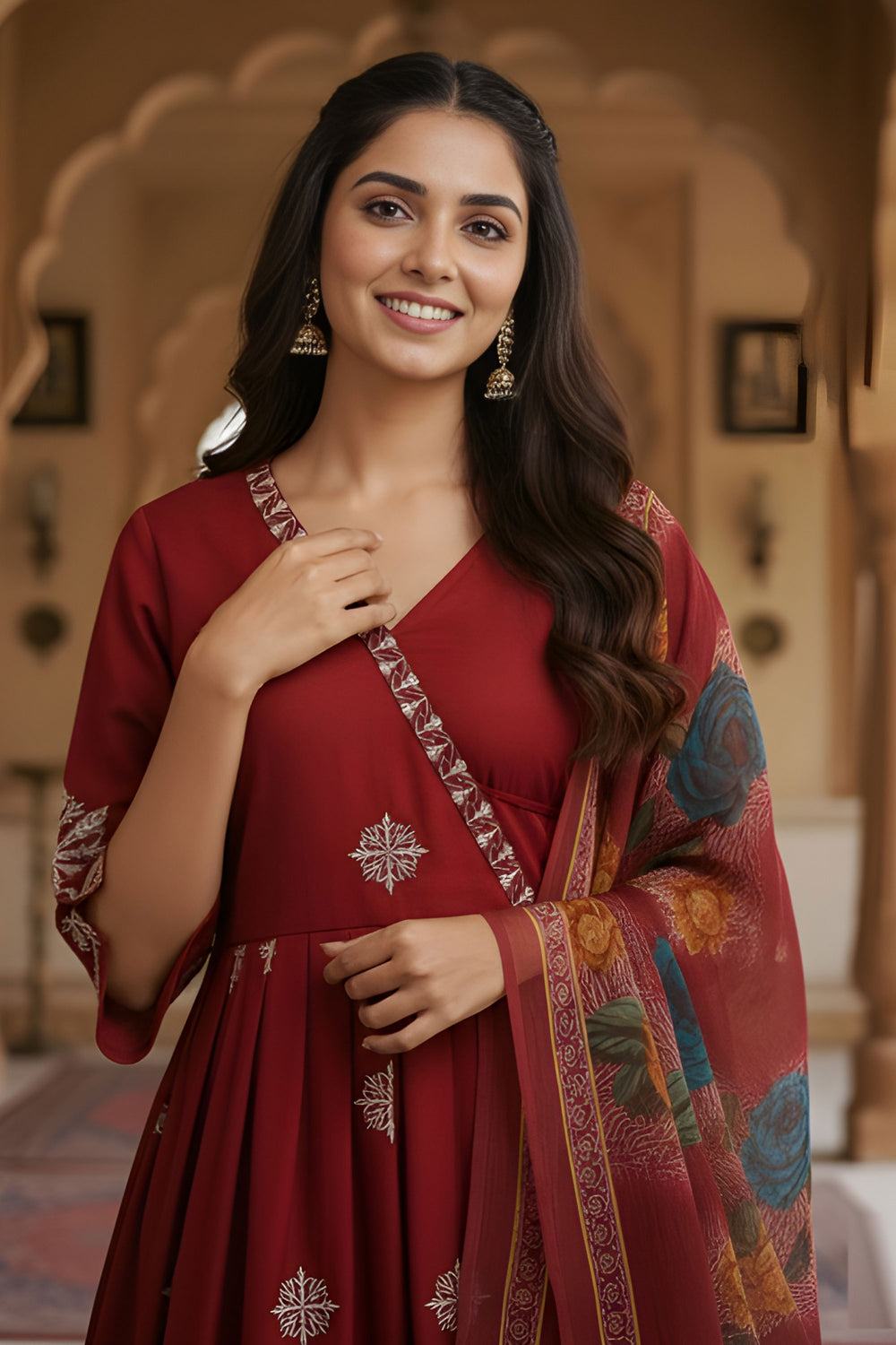 Maroon Color Sober Readymade Anarkali Style Salwar Suit In Art Silk Fabric | Buy Online India
