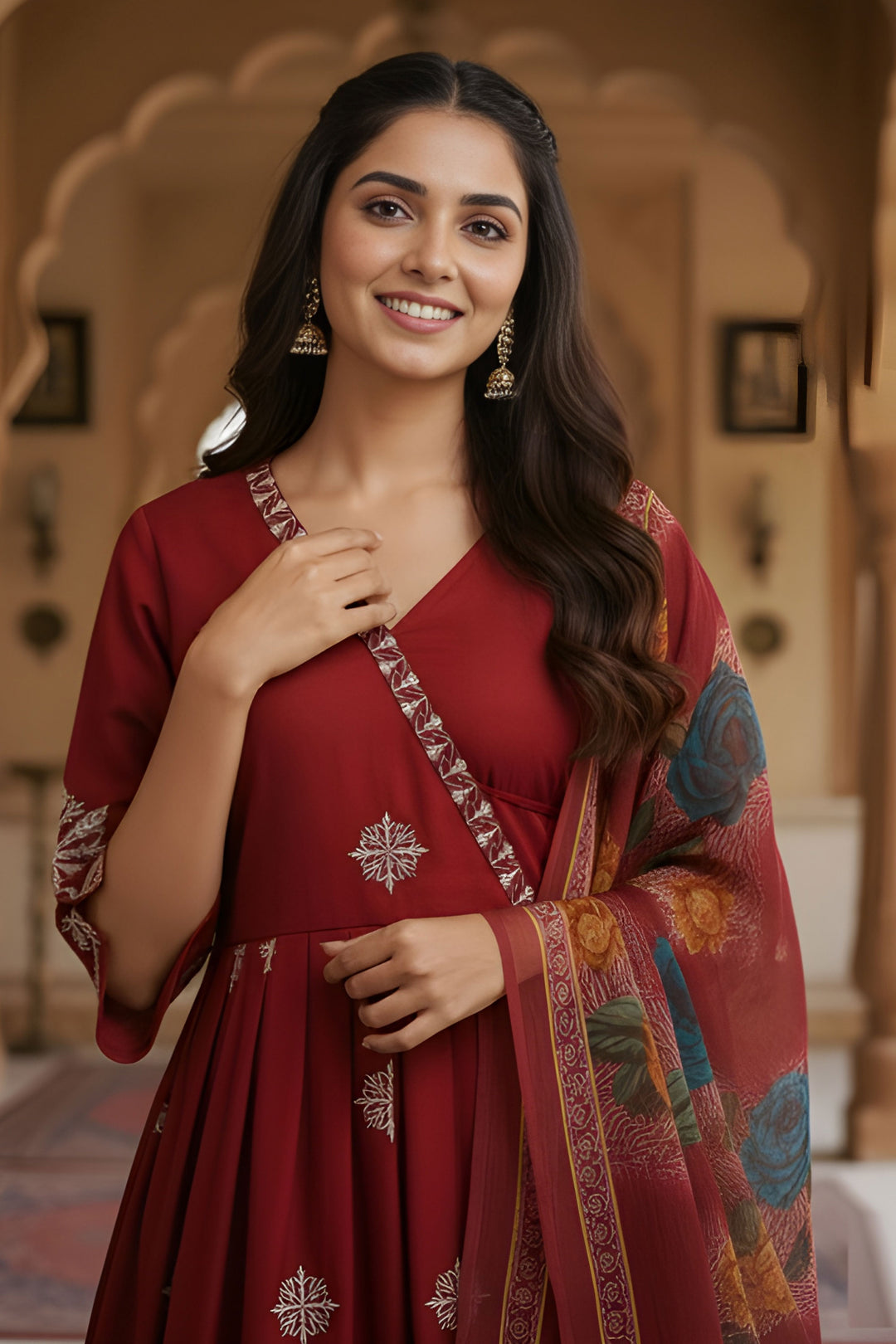 Maroon Color Sober Readymade Anarkali Style Salwar Suit In Art Silk Fabric | Buy Online India