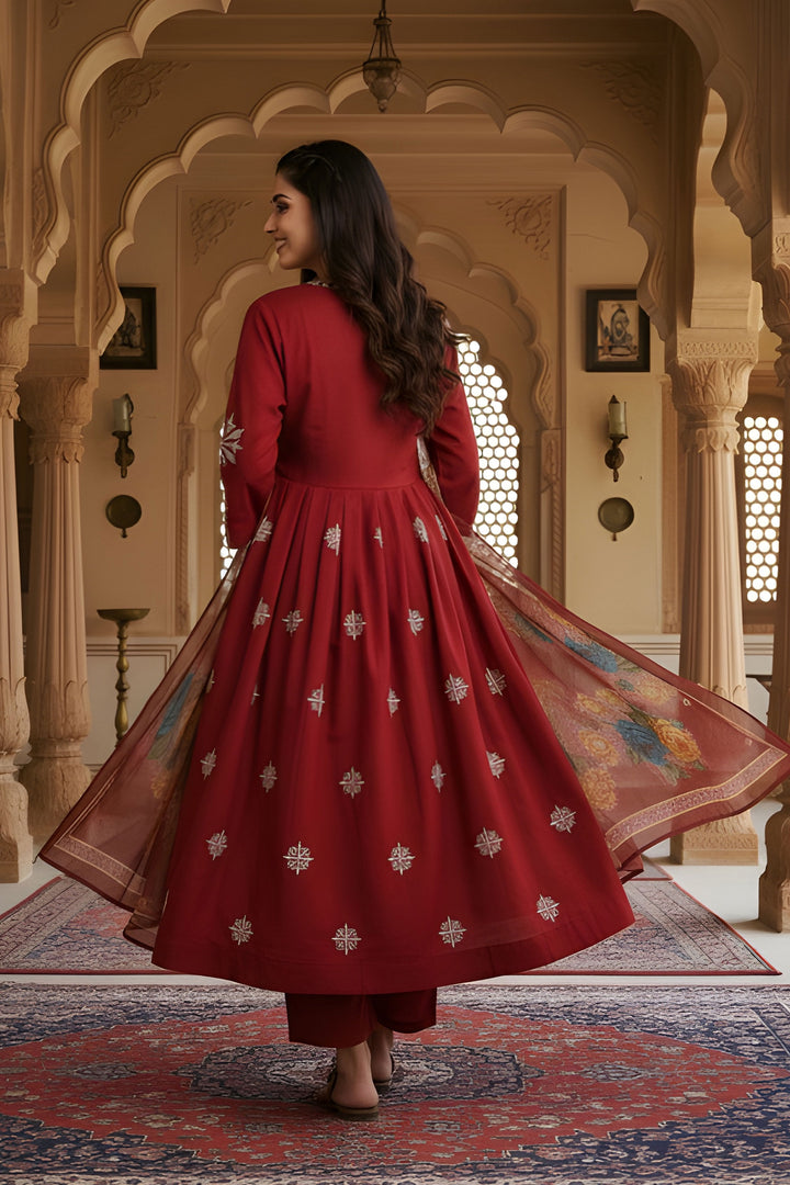 Maroon Color Sober Readymade Anarkali Style Salwar Suit In Art Silk Fabric | Buy Online India