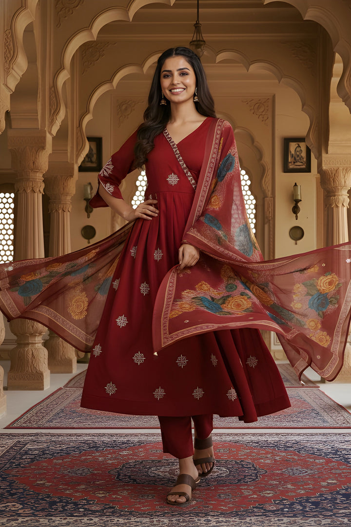 Maroon Color Sober Readymade Anarkali Style Salwar Suit In Art Silk Fabric | Buy Online India