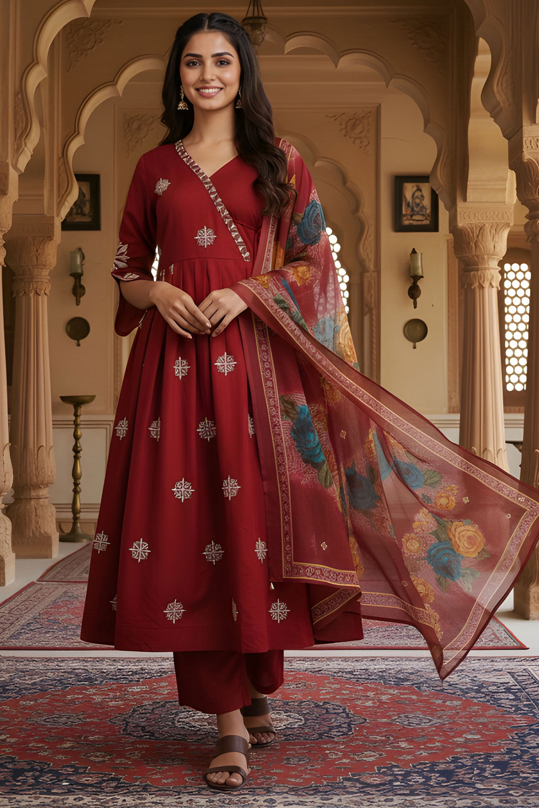 Maroon Color Sober Readymade Anarkali Style Salwar Suit In Art Silk Fabric | Buy Online India