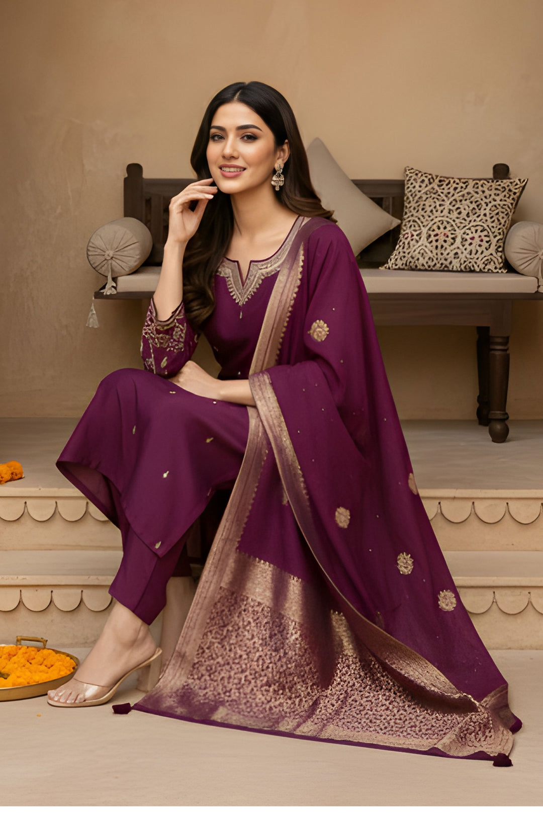 Tempting Art Silk Fabric Wine Color Readymade Salwar Suit | Buy Online India