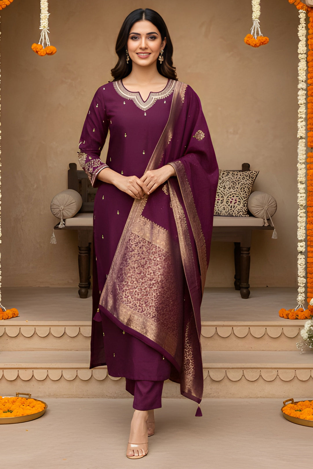 Tempting Art Silk Fabric Wine Color Readymade Salwar Suit | Buy Online India