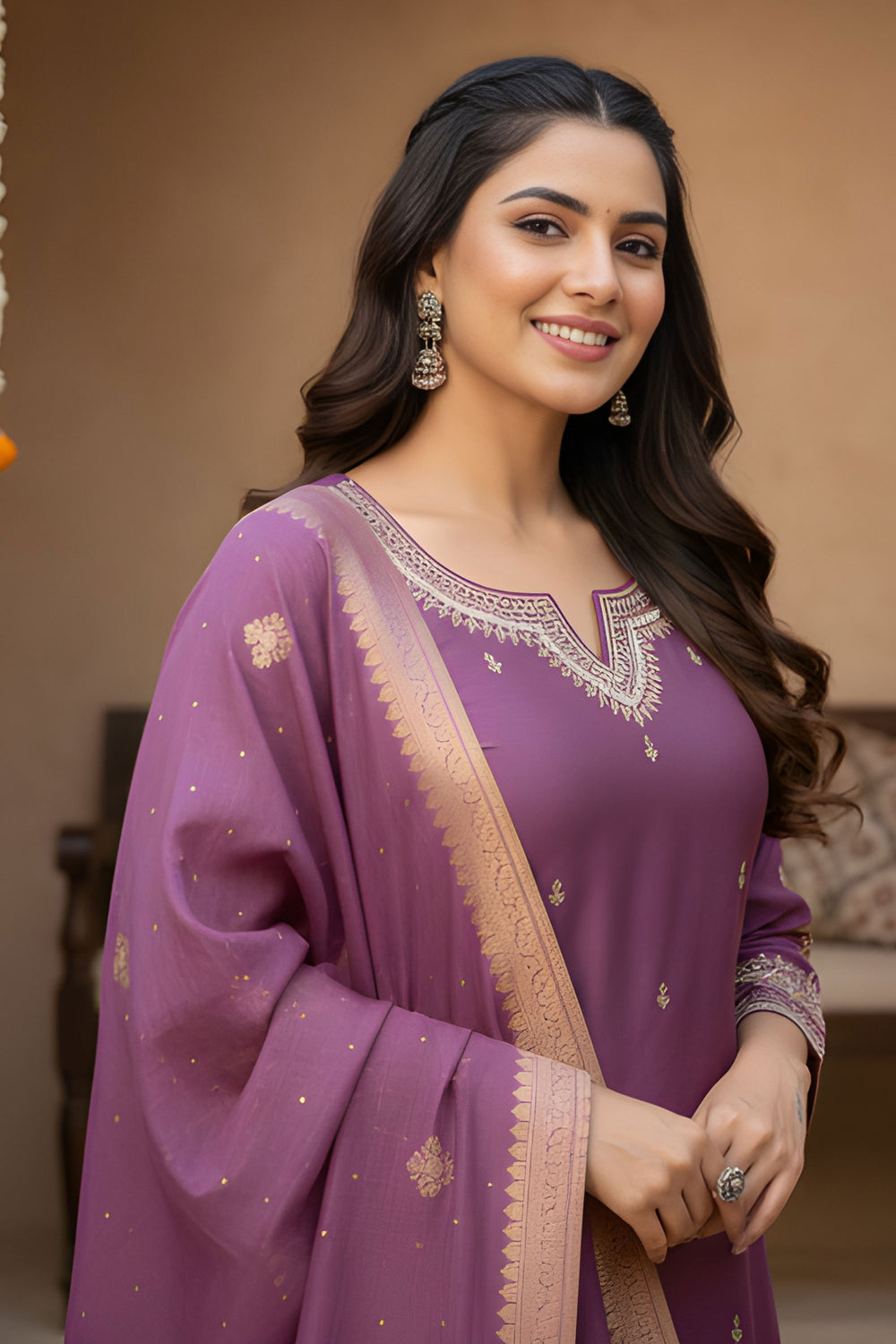 Engaging Lavender Color Art Silk Fabric Readymade Salwar Suit | Buy Online India