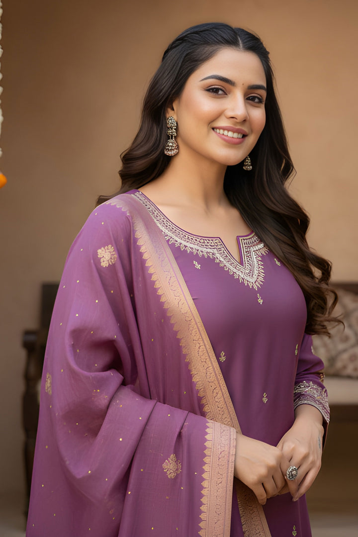 Engaging Lavender Color Art Silk Fabric Readymade Salwar Suit | Buy Online India