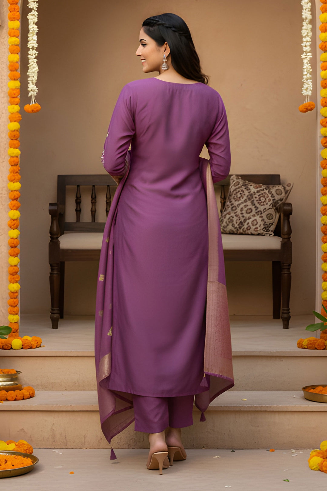 Engaging Lavender Color Art Silk Fabric Readymade Salwar Suit | Buy Online India