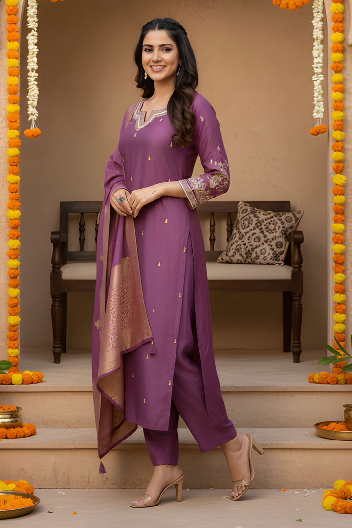 Engaging Lavender Color Art Silk Fabric Readymade Salwar Suit | Buy Online India