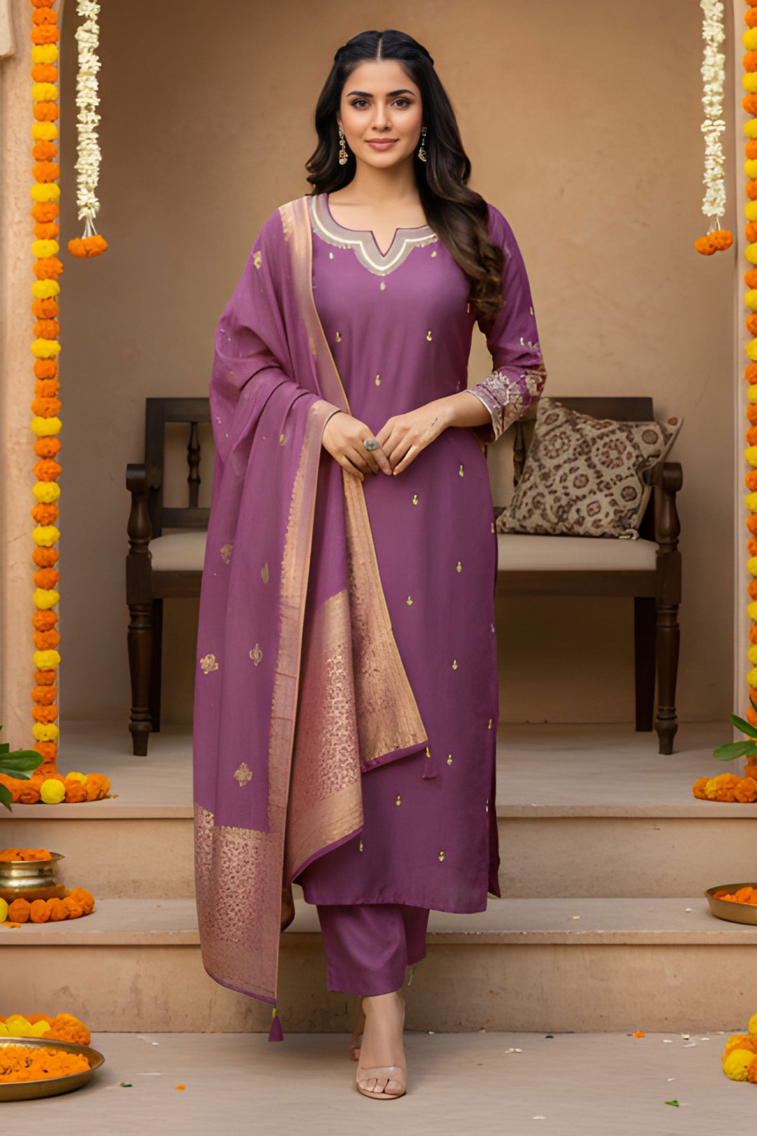Engaging Lavender Color Art Silk Fabric Readymade Salwar Suit | Buy Online India