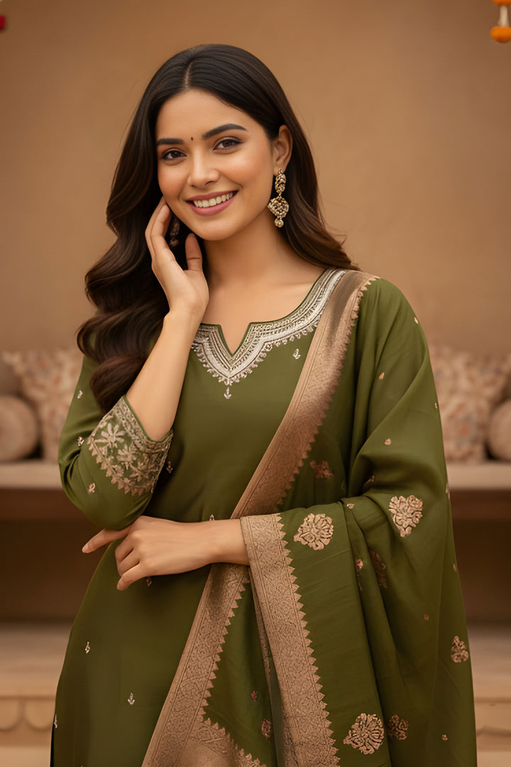 Trendy Art Silk Fabric Olive Green Color Readymade Salwar Suit | Buy Online India