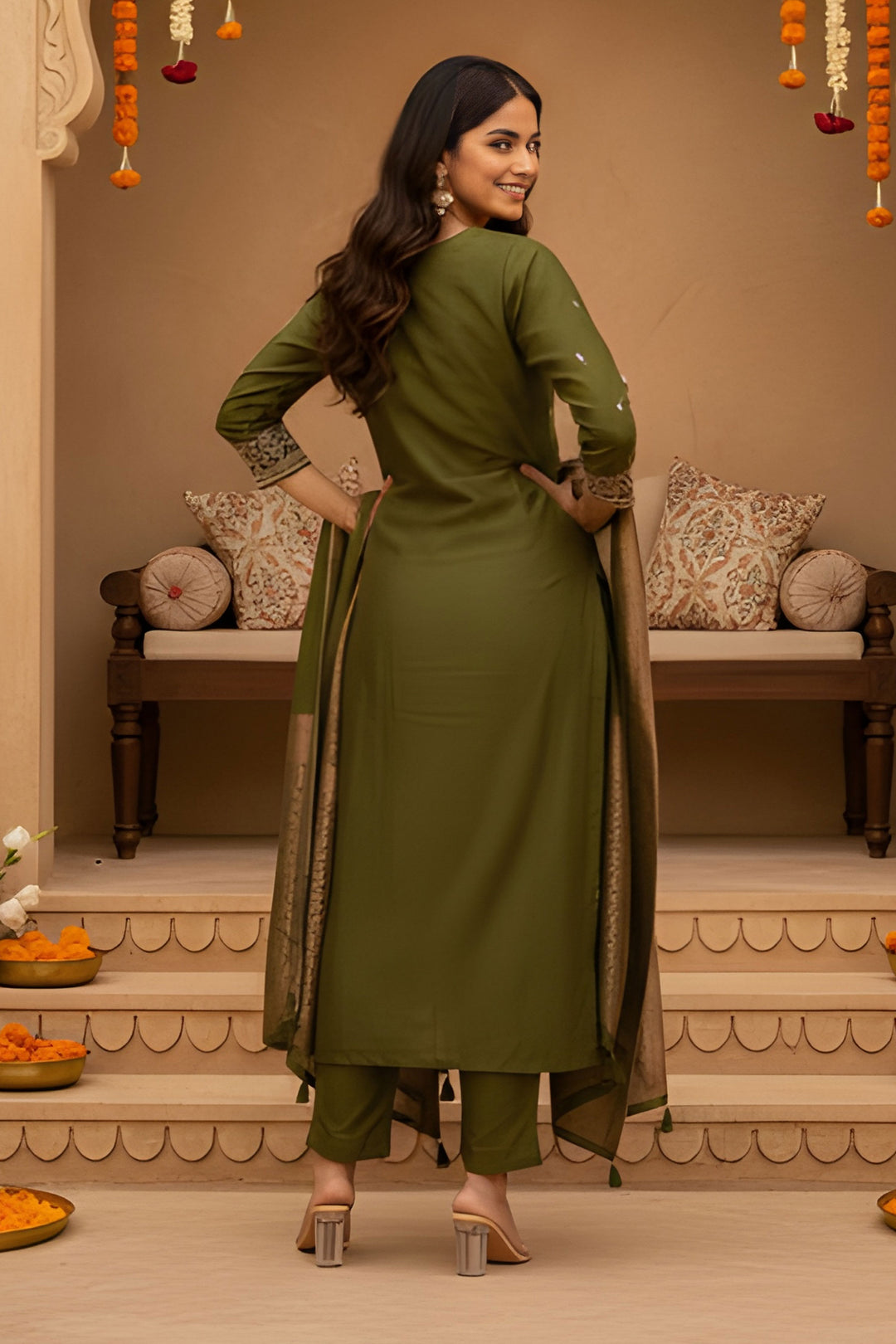 Trendy Art Silk Fabric Olive Green Color Readymade Salwar Suit | Buy Online India