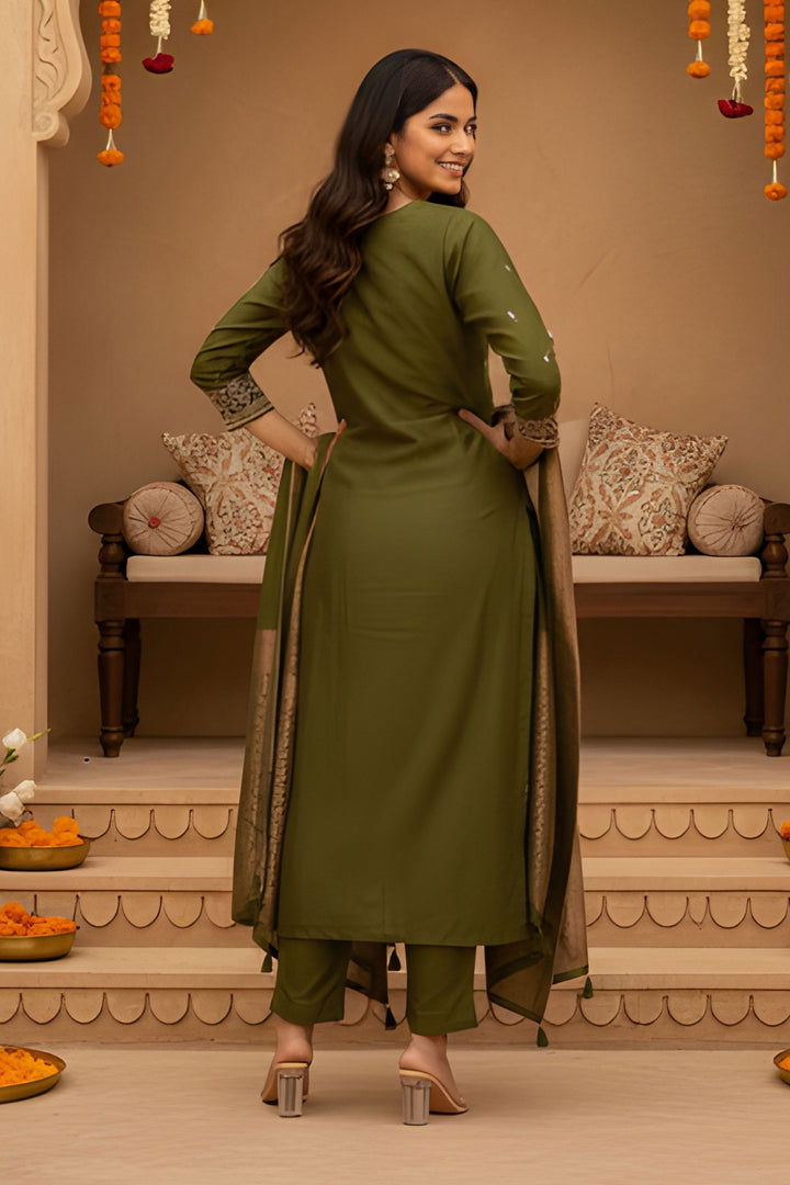 Trendy Art Silk Fabric Olive Green Color Readymade Salwar Suit | Buy Online India
