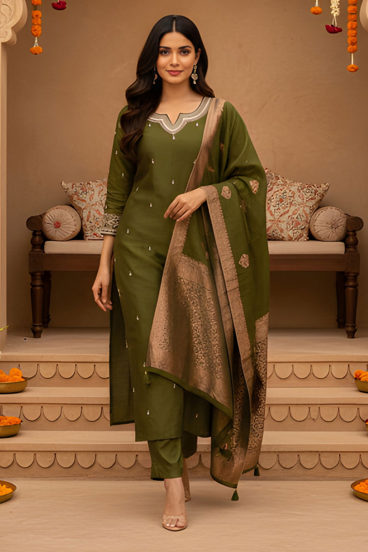 Trendy Art Silk Fabric Olive Green Color Readymade Salwar Suit | Buy Online India