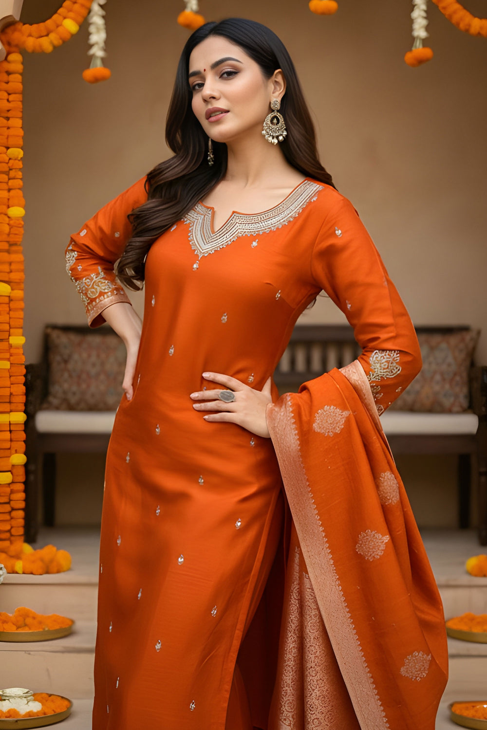 Orange Color Art Silk Fabric Chic Readymade Salwar Suit | Buy Online India