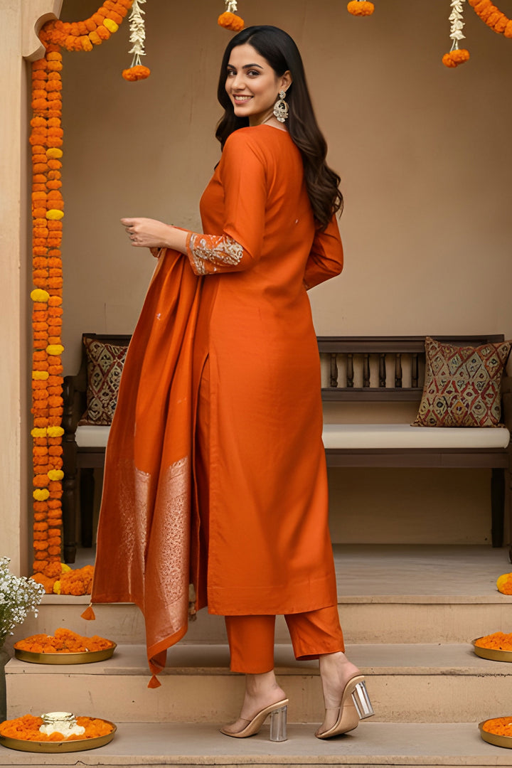 Orange Color Art Silk Fabric Chic Readymade Salwar Suit | Buy Online India