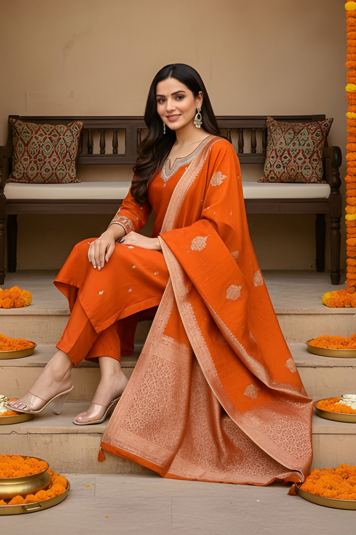 Orange Color Art Silk Fabric Chic Readymade Salwar Suit | Buy Online India