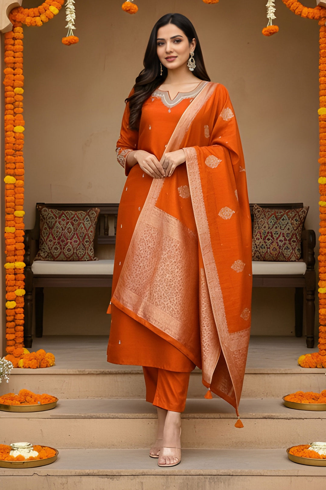 Orange Color Art Silk Fabric Chic Readymade Salwar Suit | Buy Online India