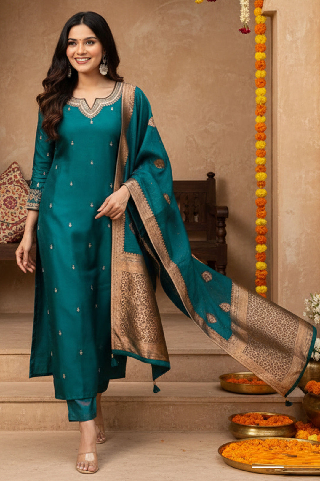 Art Silk Fabric Teal Color Gorgeous Readymade Salwar Suit | Buy Online India