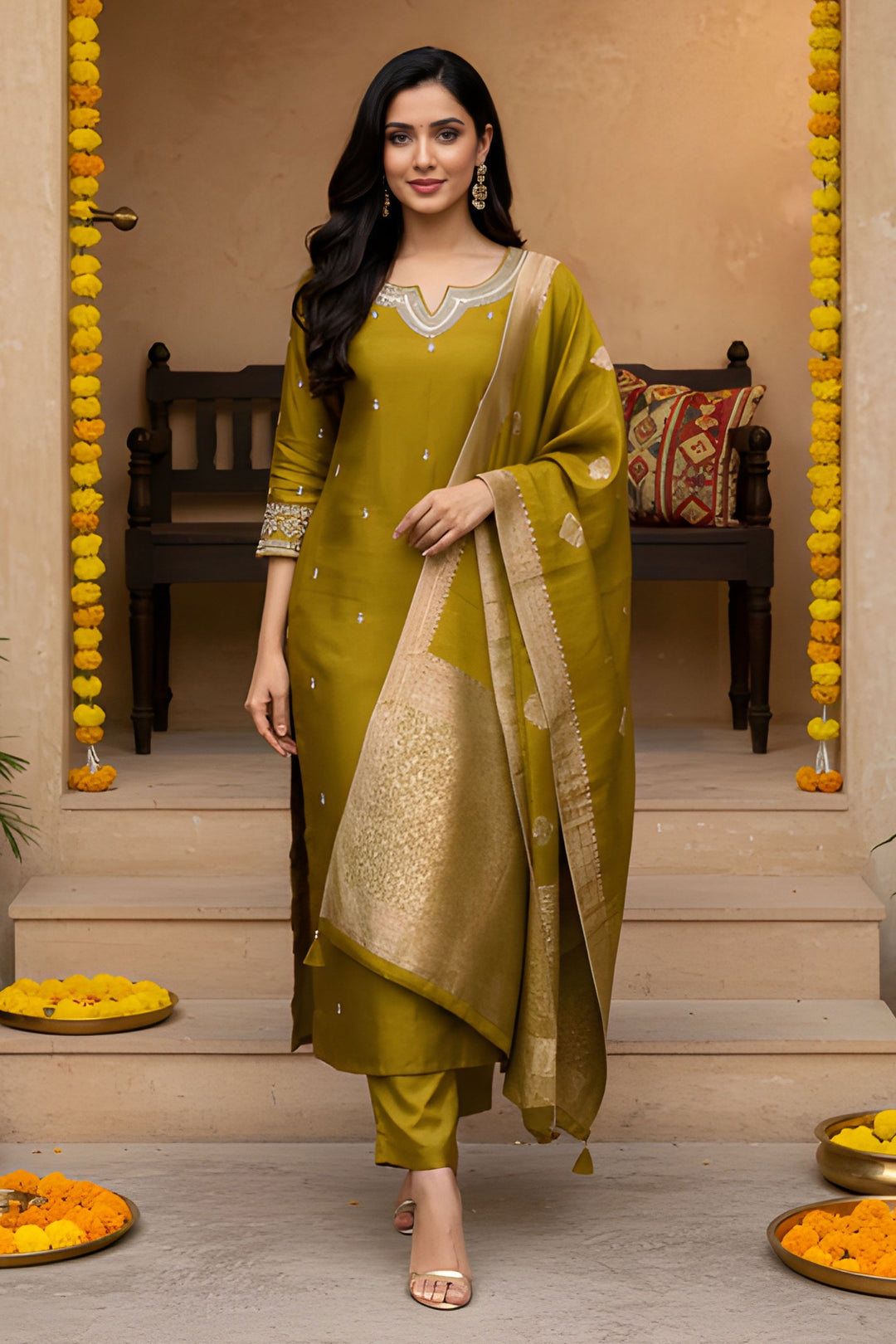 Graceful Art Silk Fabric Mustard Color Readymade Salwar Suit | Buy Online India