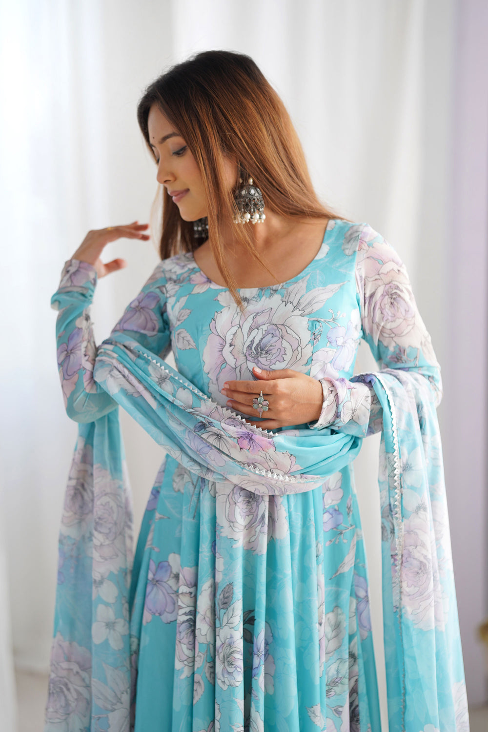 Sky Blue Color Glorious Readymade Anarkali Style Georgette Gown With Dupatta | Buy Online India