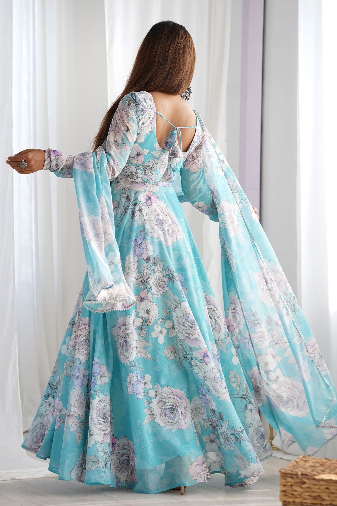Sky Blue Color Glorious Readymade Anarkali Style Georgette Gown With Dupatta | Buy Online India
