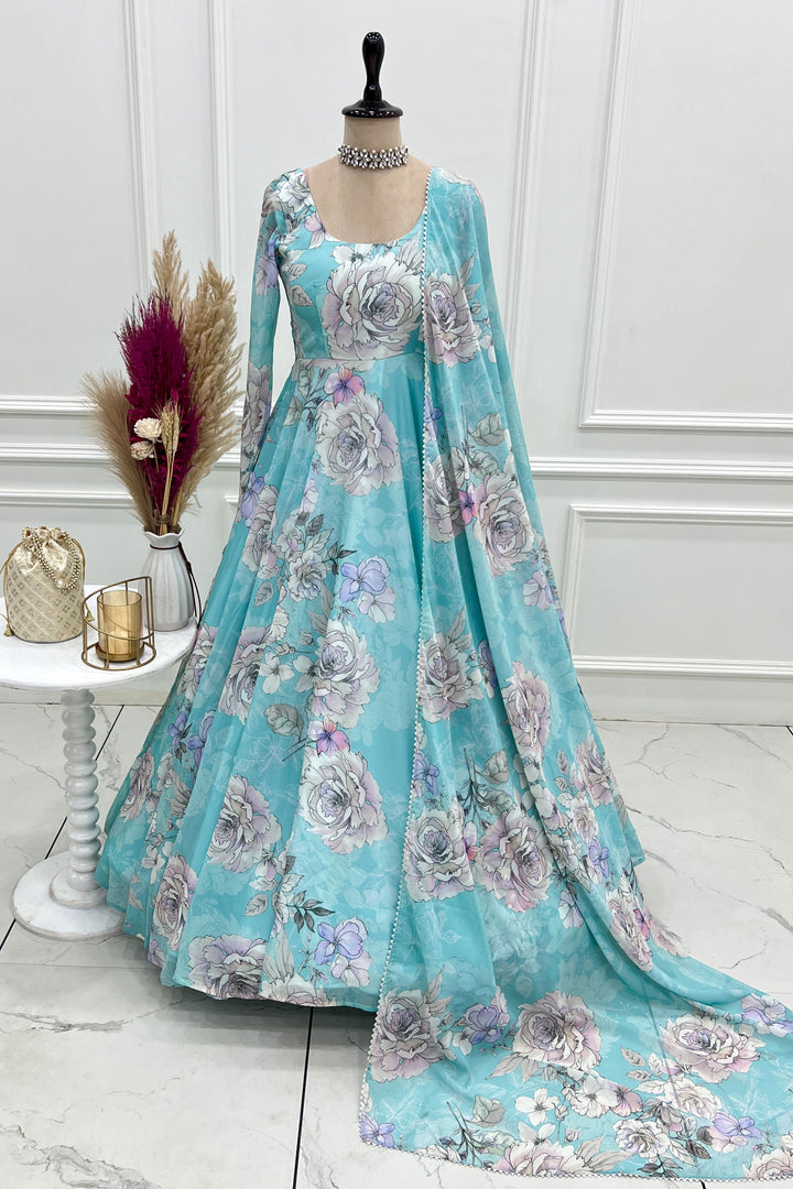 Sky Blue Color Glorious Readymade Anarkali Style Georgette Gown With Dupatta | Buy Online India